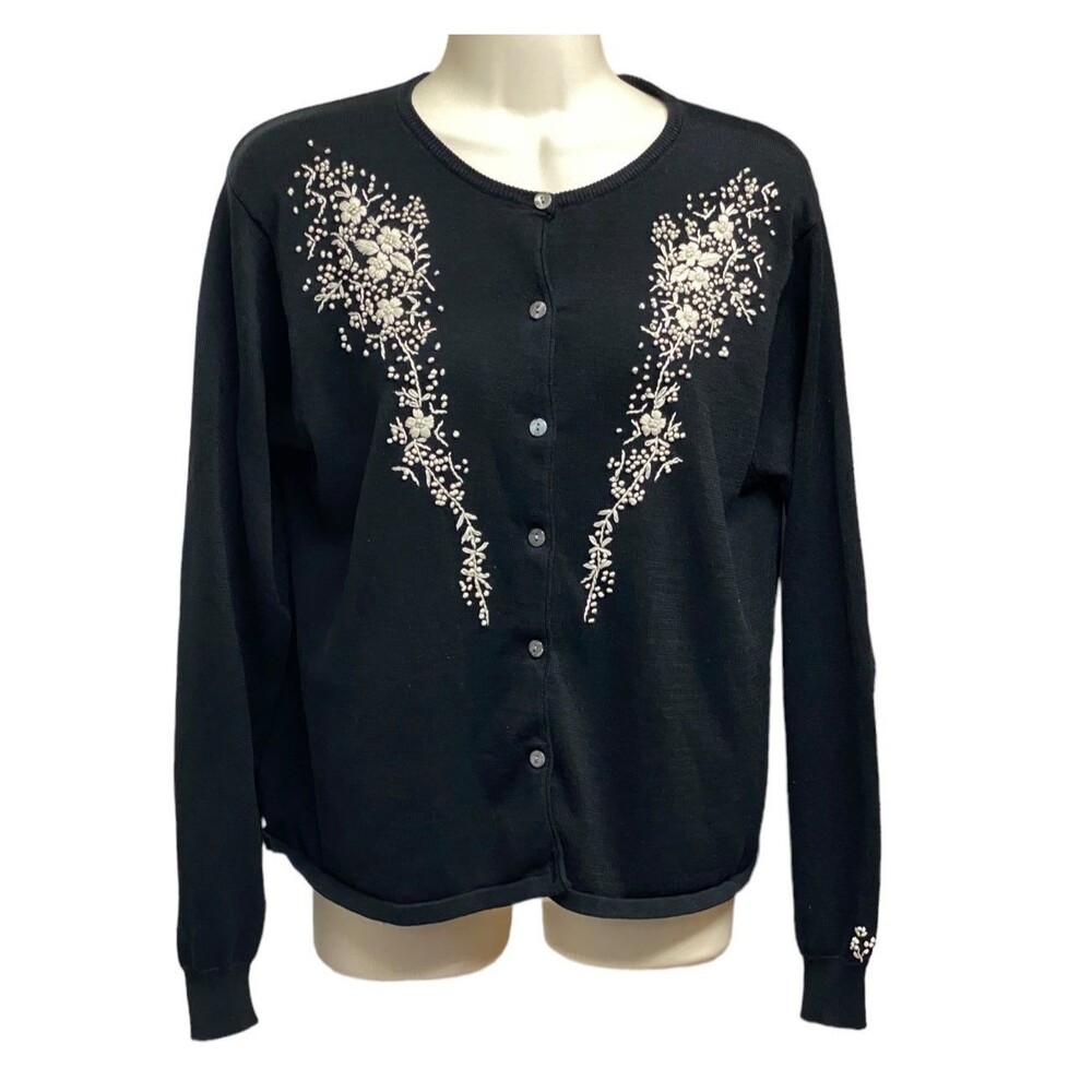 Chelsea Cambell Silk Cotton Blend black cream embroidered Cardigan Sweater Sz M